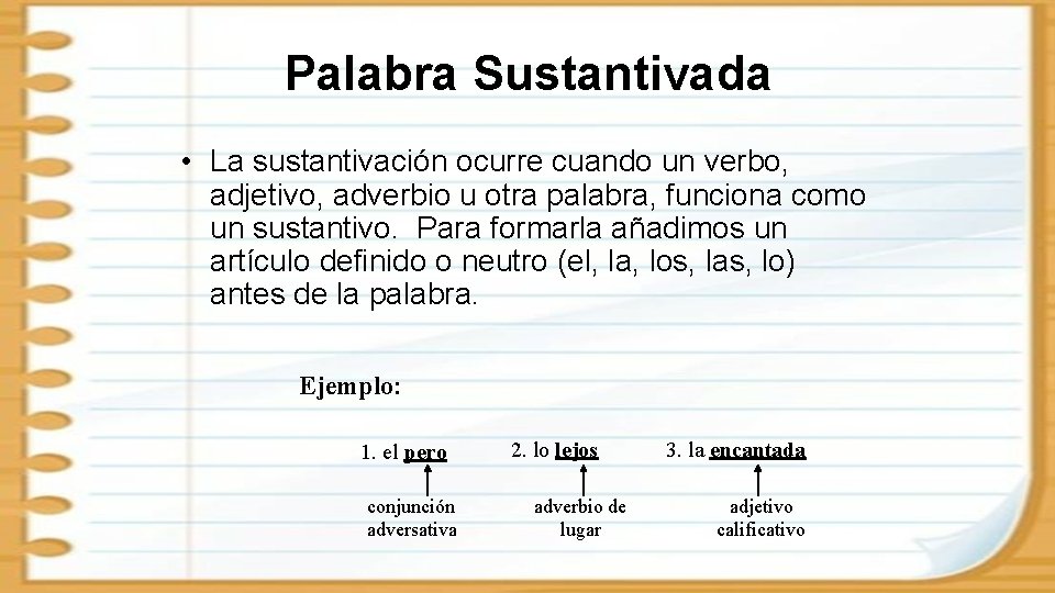 Palabra Sustantivada • La sustantivación ocurre cuando un verbo, adjetivo, adverbio u otra palabra,