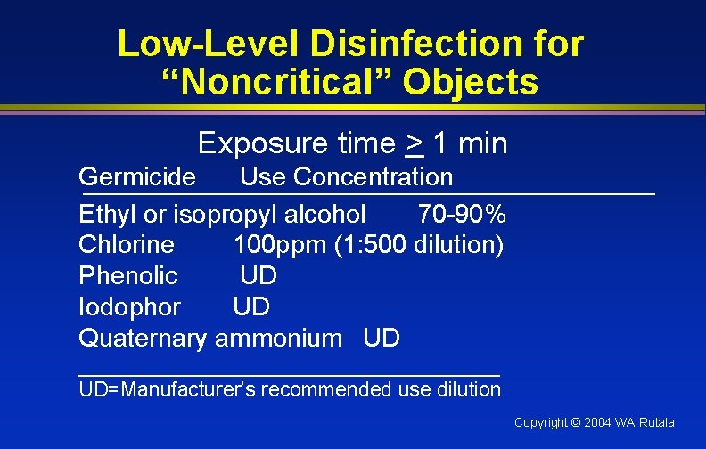 Low-Level Disinfection for “Noncritical” Objects Exposure time > 1 min Germicide Use Concentration Ethyl