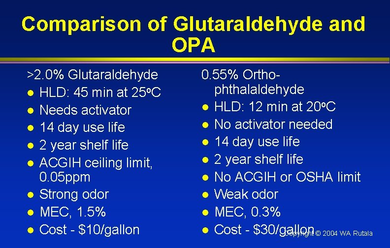 Comparison of Glutaraldehyde and OPA >2. 0% Glutaraldehyde l HLD: 45 min at 25