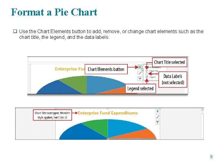 Format a Pie Chart q Use the Chart Elements button to add, remove, or