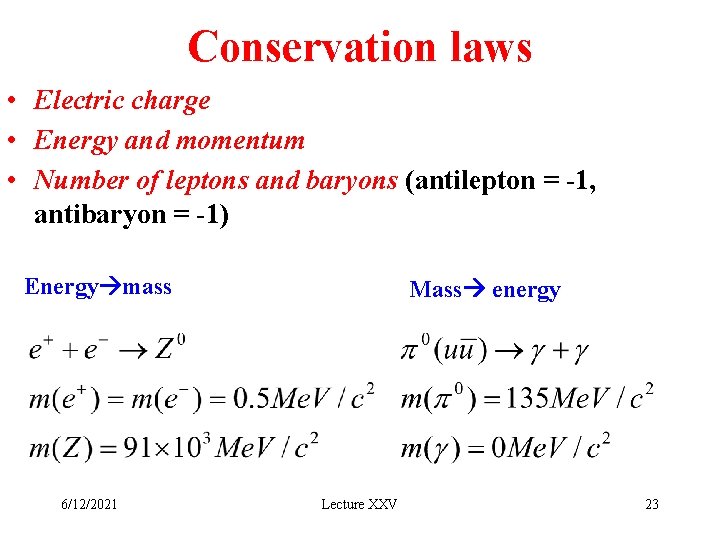 Conservation laws • Electric charge • Energy and momentum • Number of leptons and