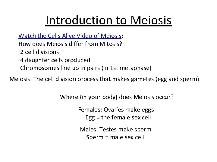 Introduction to Meiosis Watch the Cells Alive Video of Meiosis: How does Meiosis differ