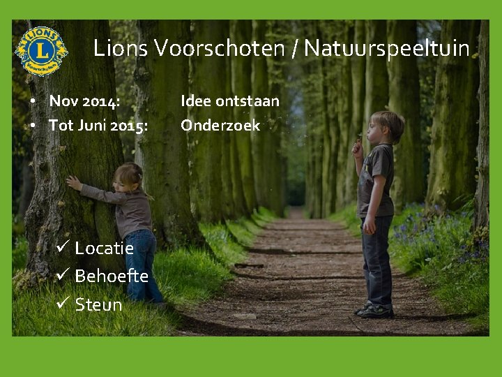 Lions Voorschoten / Natuurspeeltuin • Nov 2014: • Tot Juni 2015: ü Locatie ü