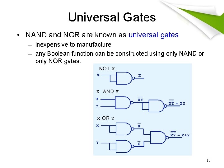 Universal Gates • NAND and NOR are known as universal gates – inexpensive to