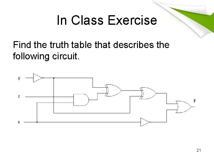 In Class Exercise Find the truth table that describes the following circuit. 21 