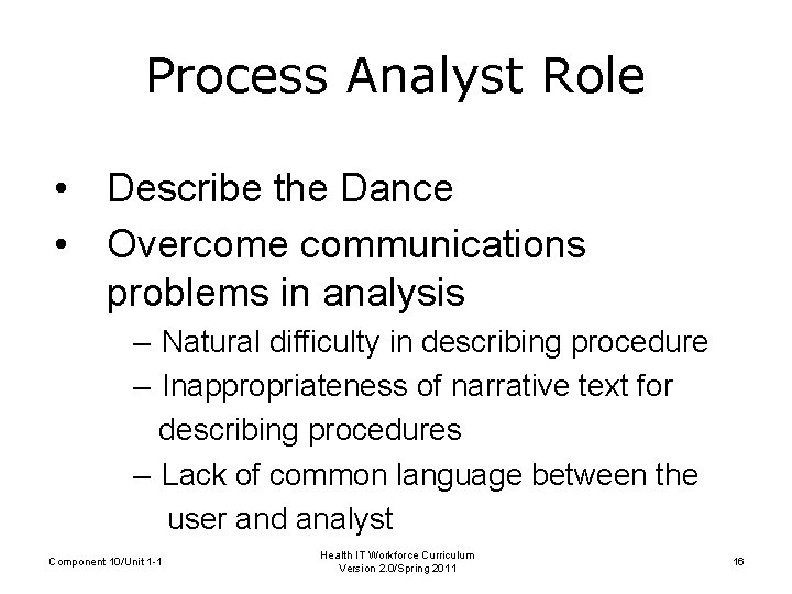 Process Analyst Role • Describe the Dance • Overcome communications problems in analysis –