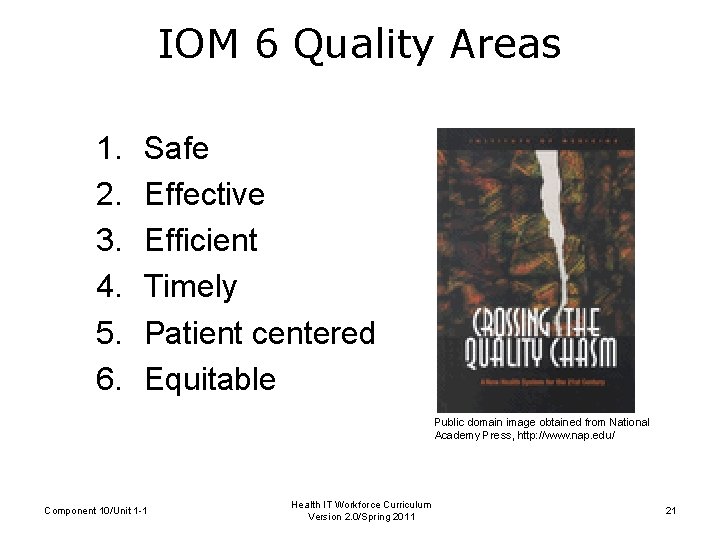 IOM 6 Quality Areas 1. 2. 3. 4. 5. 6. Safe Effective Efficient Timely