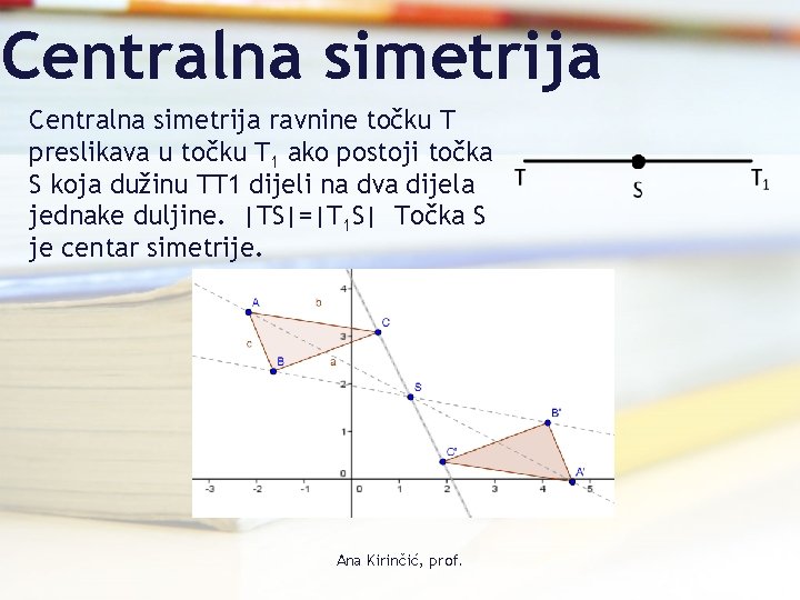 Centralna simetrija ravnine točku T preslikava u točku T 1 ako postoji točka S