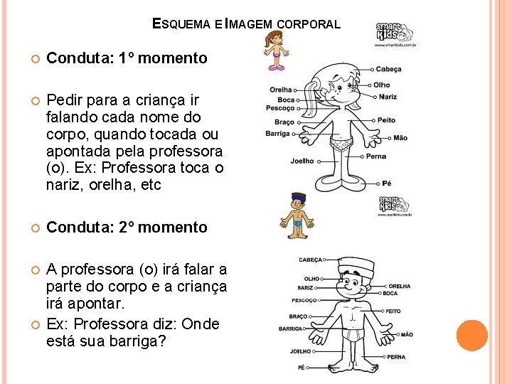 ESQUEMA E IMAGEM CORPORAL Conduta: 1º momento Pedir para a criança ir falando cada