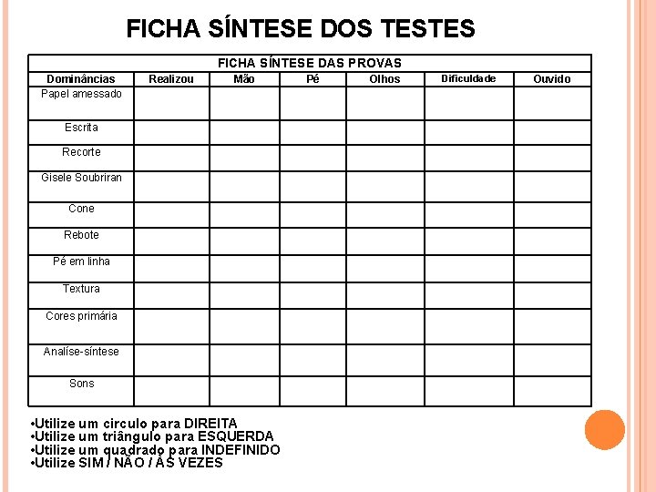 FICHA SÍNTESE DOS TESTES FICHA SÍNTESE DAS PROVAS Dominâncias Papel amessado Realizou Mão Escrita