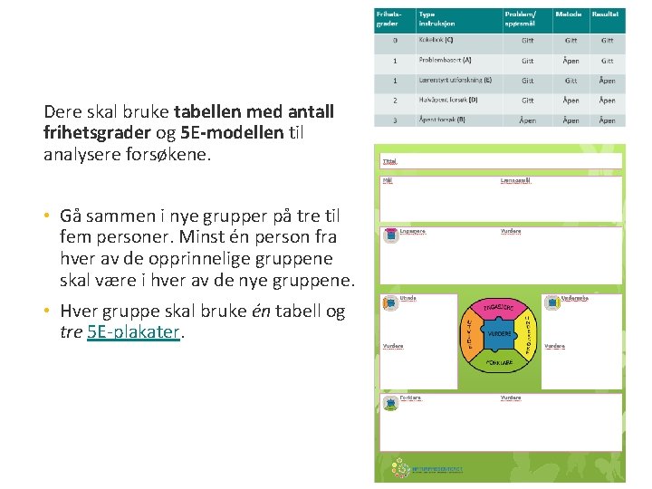 Dere skal bruke tabellen med antall frihetsgrader og 5 E-modellen til analysere forsøkene. •