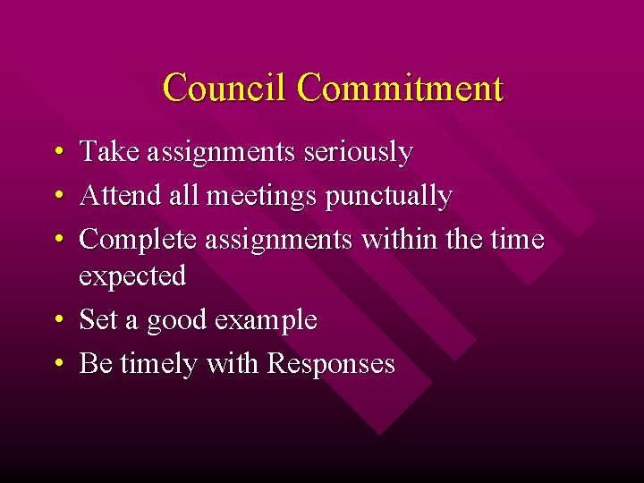 Council Commitment • Take assignments seriously • Attend all meetings punctually • Complete assignments