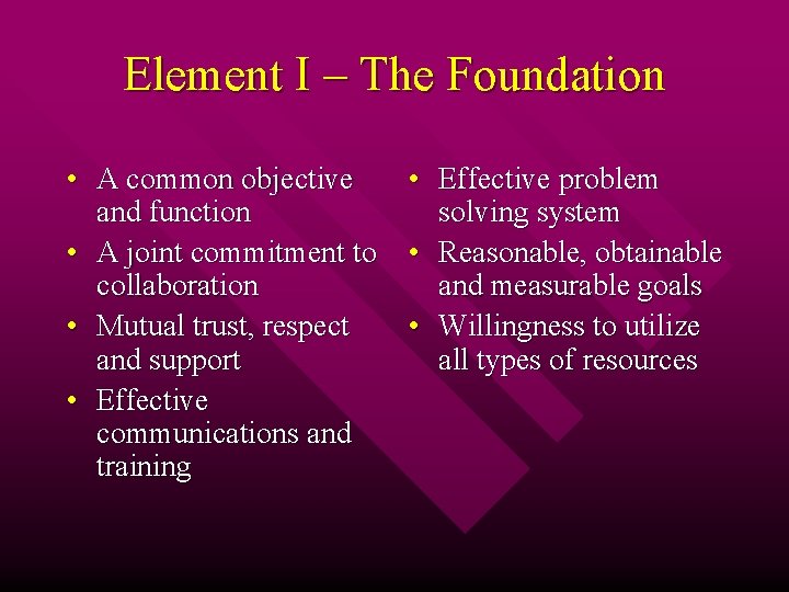 Element I – The Foundation • A common objective • Effective problem and function