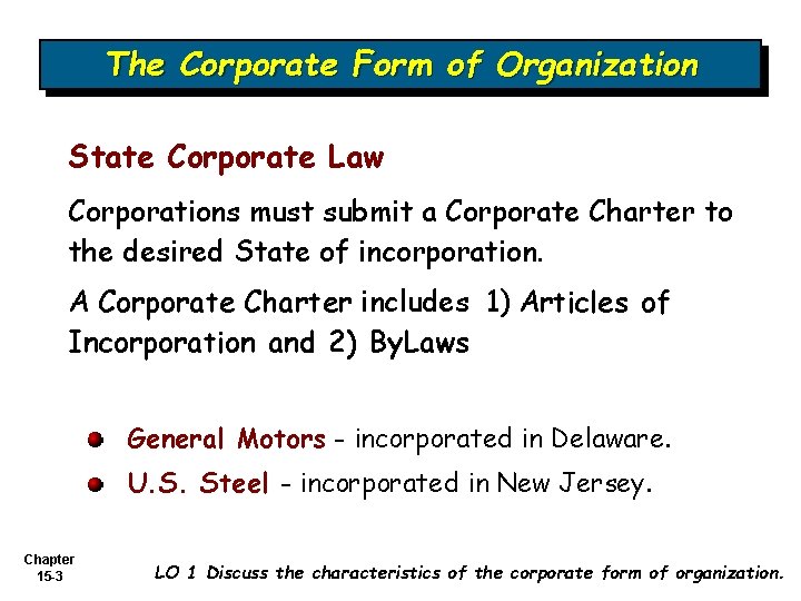 The Corporate Form of Organization State Corporate Law Corporations must submit a Corporate Charter