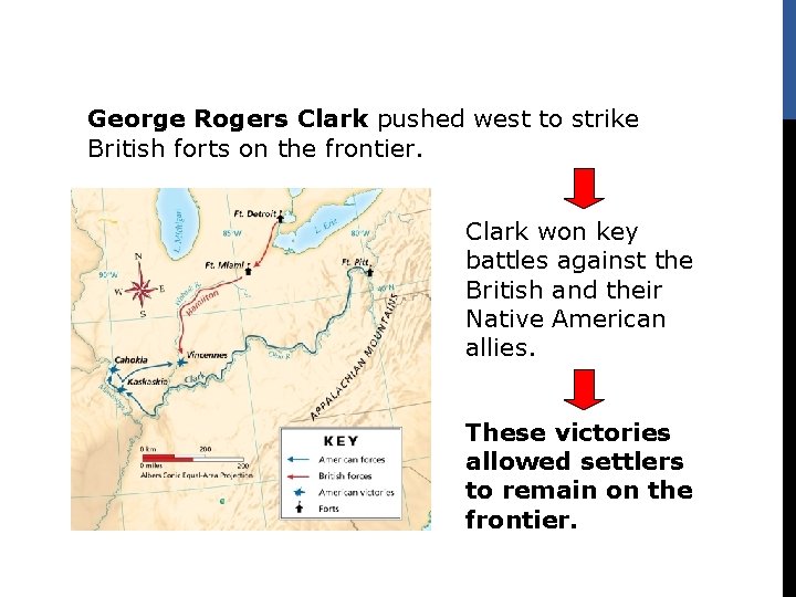 George Rogers Clark pushed west to strike British forts on the frontier. Clark won