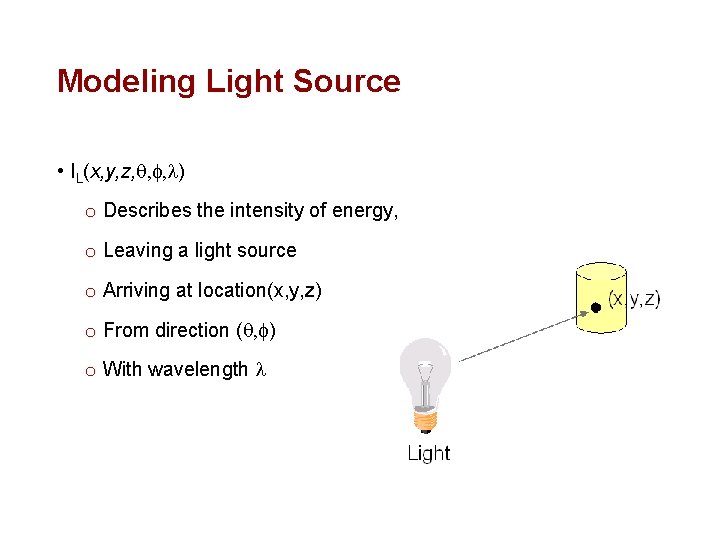 Modeling Light Source • IL(x, y, z, q, f, l) o Describes the intensity