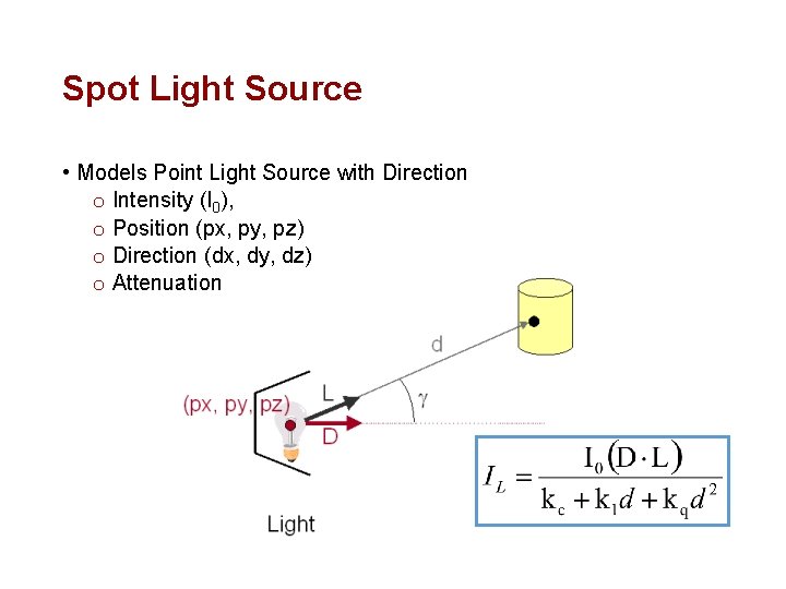 Spot Light Source • Models Point Light Source with Direction o Intensity (I 0),