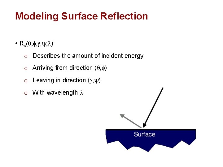 Modeling Surface Reflection • Rs(q, f, g, y, l) o Describes the amount of