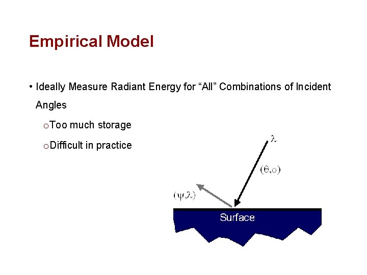 Empirical Model • Ideally Measure Radiant Energy for “All” Combinations of Incident Angles o