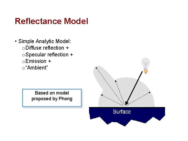 Reflectance Model • Simple Analytic Model: o Diffuse reflection + o Specular reflection +