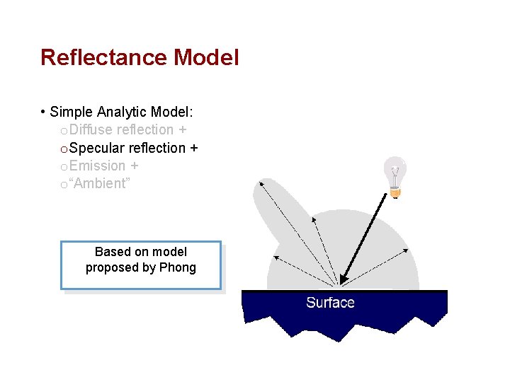 Reflectance Model • Simple Analytic Model: o Diffuse reflection + o Specular reflection +