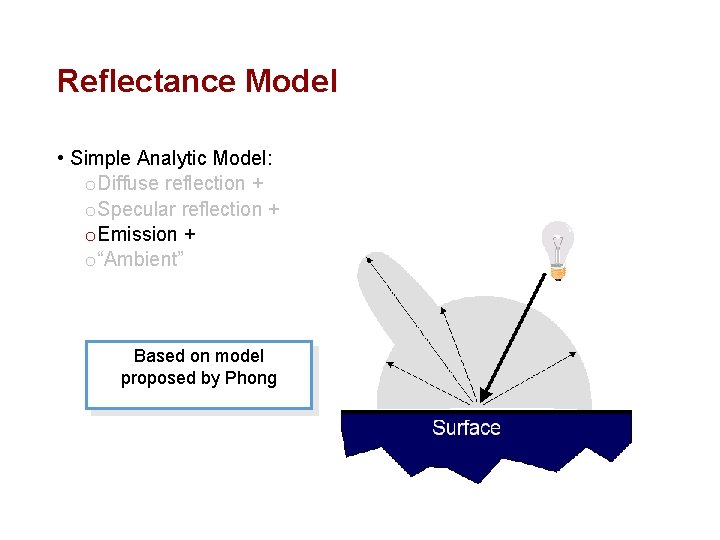 Reflectance Model • Simple Analytic Model: o Diffuse reflection + o Specular reflection +