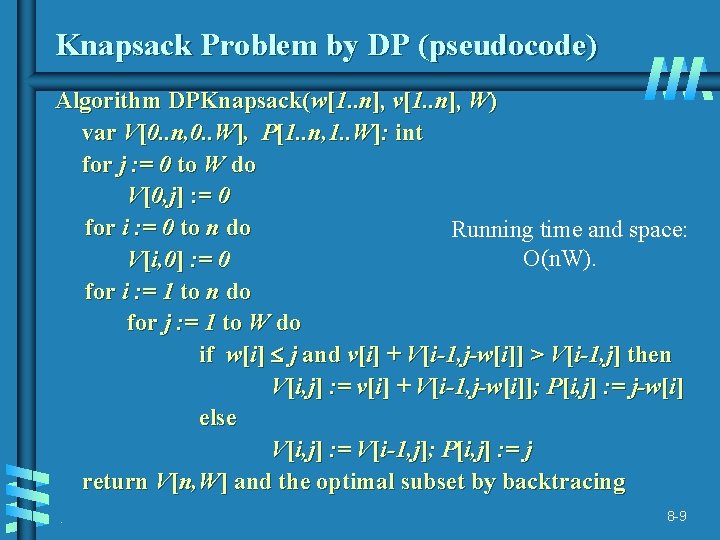 Knapsack Problem by DP (pseudocode) Algorithm DPKnapsack(w[1. . n], v[1. . n], W) var