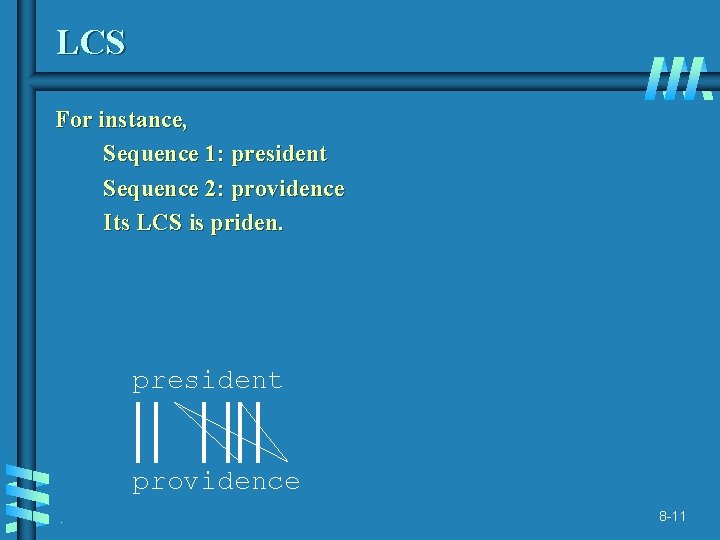 LCS For instance, Sequence 1: president Sequence 2: providence Its LCS is priden. president