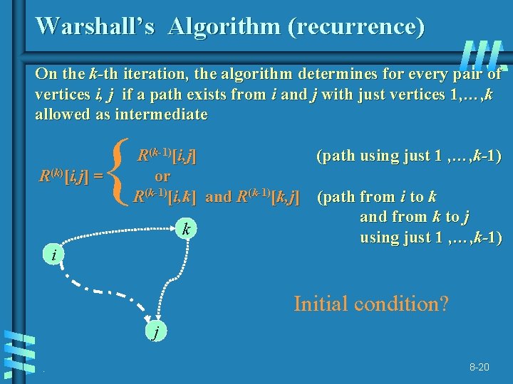 Warshall’s Algorithm (recurrence) On the k-th iteration, the algorithm determines for every pair of