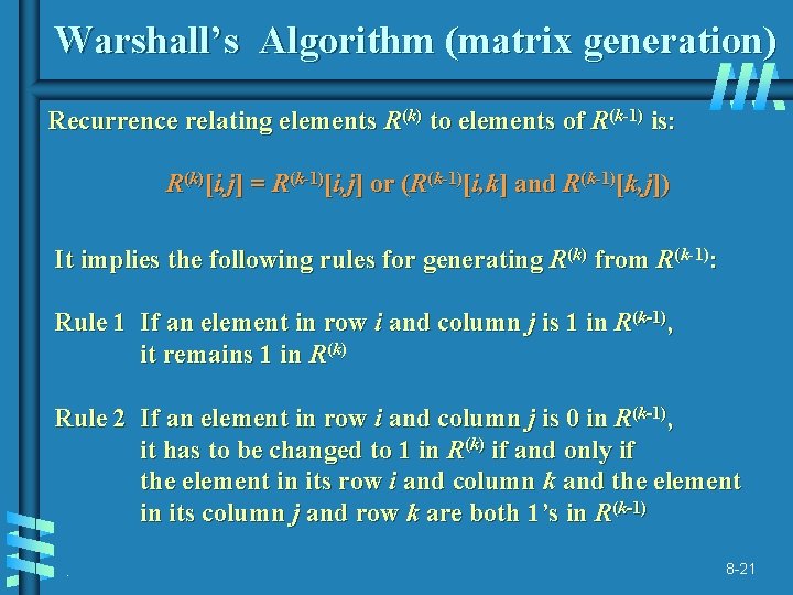 Warshall’s Algorithm (matrix generation) Recurrence relating elements R(k) to elements of R(k-1) is: R(k)[i,