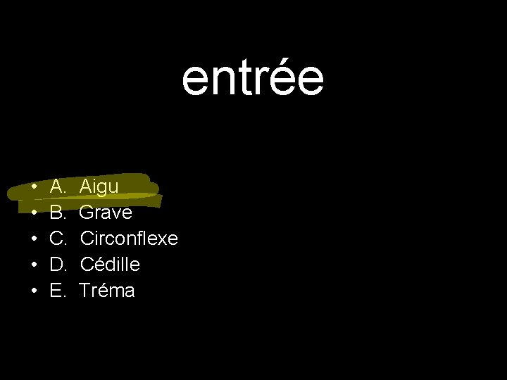 entrée • • • A. B. C. D. E. Aigu Grave Circonflexe Cédille Tréma entrée • • • A. B. C. D. E. Aigu Grave Circonflexe Cédille Tréma