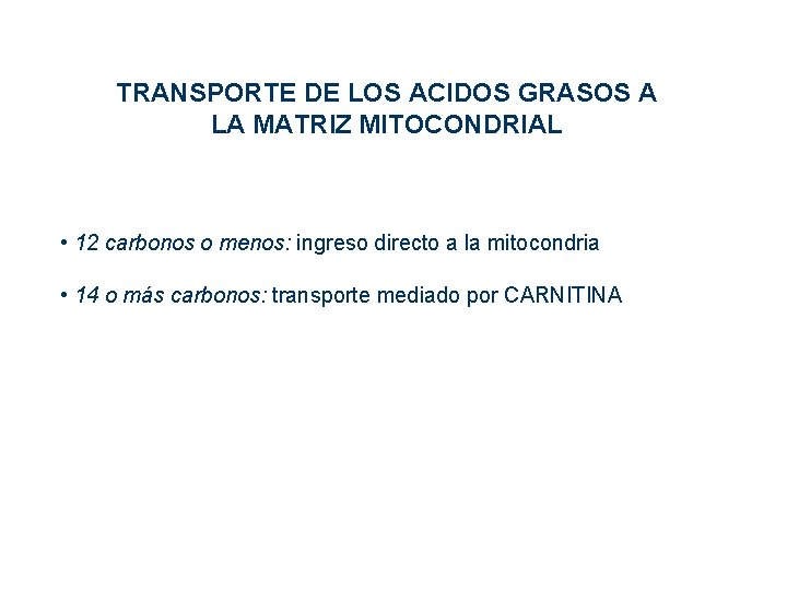 TRANSPORTE DE LOS ACIDOS GRASOS A LA MATRIZ MITOCONDRIAL • 12 carbonos o menos: TRANSPORTE DE LOS ACIDOS GRASOS A LA MATRIZ MITOCONDRIAL • 12 carbonos o menos: