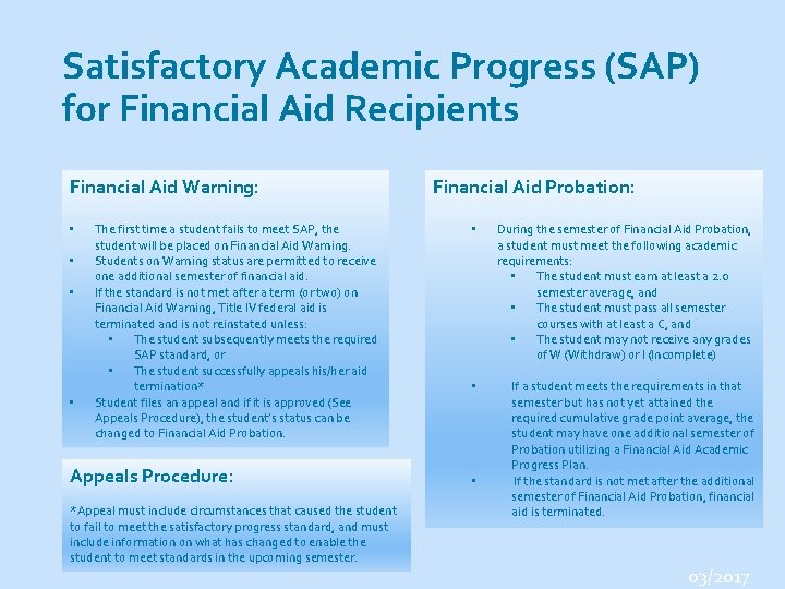 Satisfactory Academic Progress (SAP) for Financial Aid Recipients Financial Aid Warning: • • The