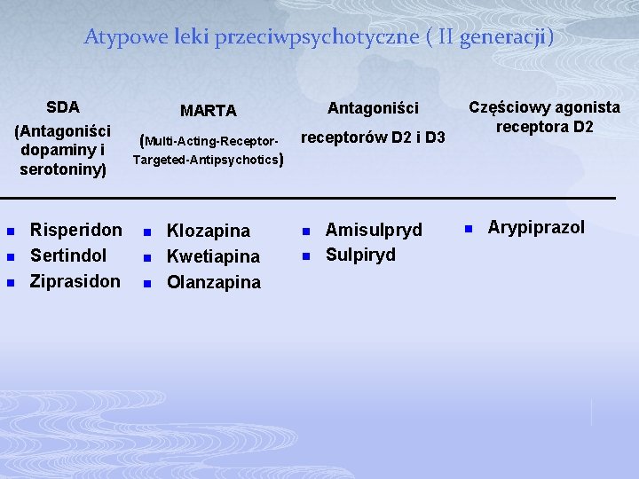 Atypowe leki przeciwpsychotyczne ( II generacji) SDA (Antagoniści dopaminy i serotoniny) n n n