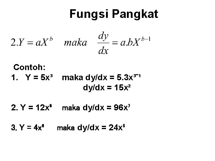 Fungsi Pangkat Contoh: 1. Y = 5 x³ 2. Y = 12 x⁸ 3.