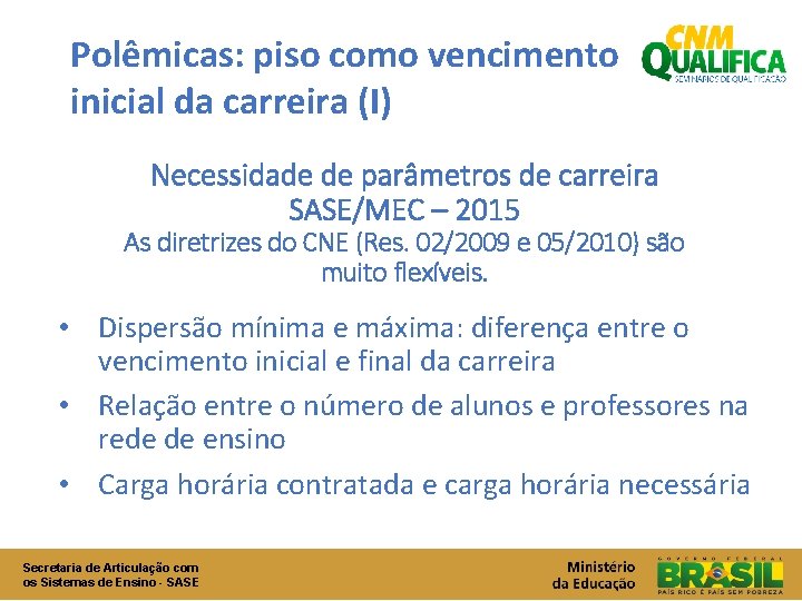 Polêmicas: piso como vencimento inicial da carreira (I) Necessidade de parâmetros de carreira SASE/MEC