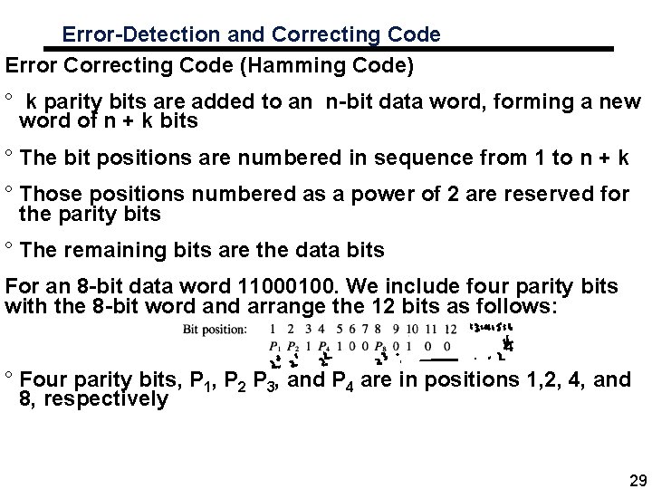 Error-Detection and Correcting Code Error Correcting Code (Hamming Code) ° k parity bits are