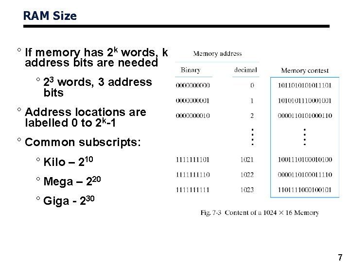 RAM Size ° If memory has 2 k words, k address bits are needed