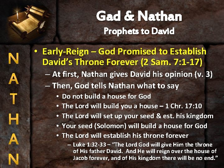 Gad & Nathan Prophets to David N A T H A N • Early-Reign
