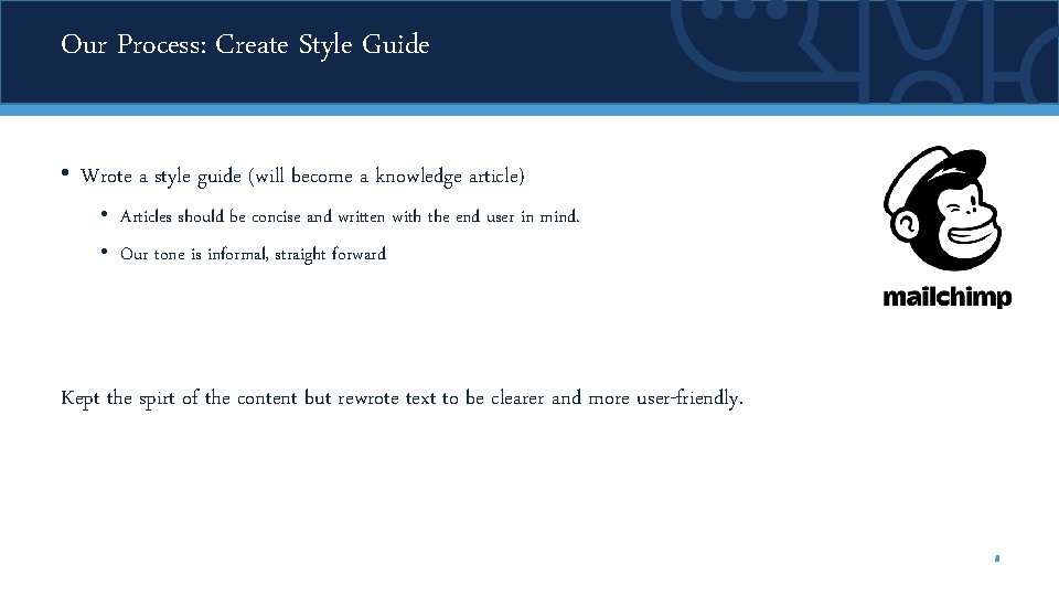 Our Process: Create Style Guide • Wrote a style guide (will become a knowledge