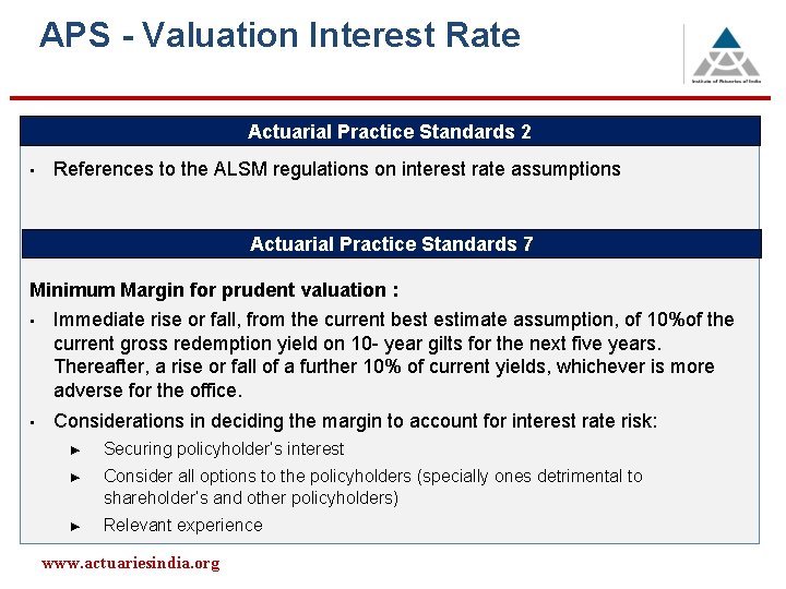 APS - Valuation Interest Rate Actuarial Practice Standards 2 • References to the ALSM