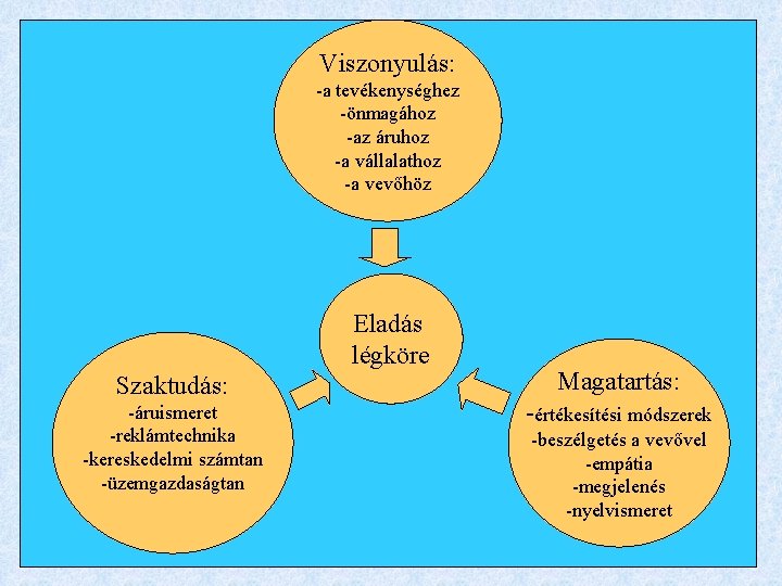 Viszonyulás: -a tevékenységhez -önmagához -az áruhoz -a vállalathoz -a vevőhöz Eladás légköre Szaktudás: -áruismeret