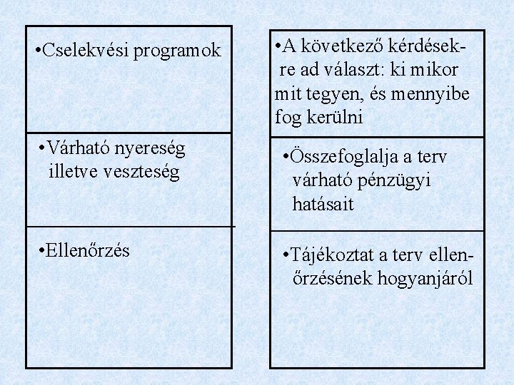  • Cselekvési programok • A következő kérdésekre ad választ: ki mikor mit tegyen,