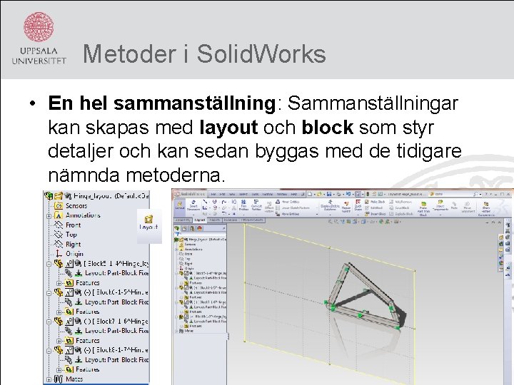 Metoder i Solid. Works • En hel sammanställning: Sammanställningar kan skapas med layout och