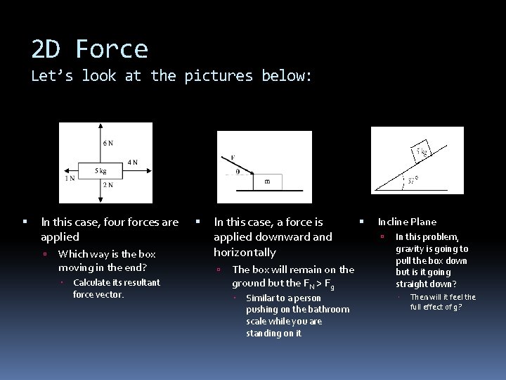 2 D Force Let’s look at the pictures below: In this case, four forces