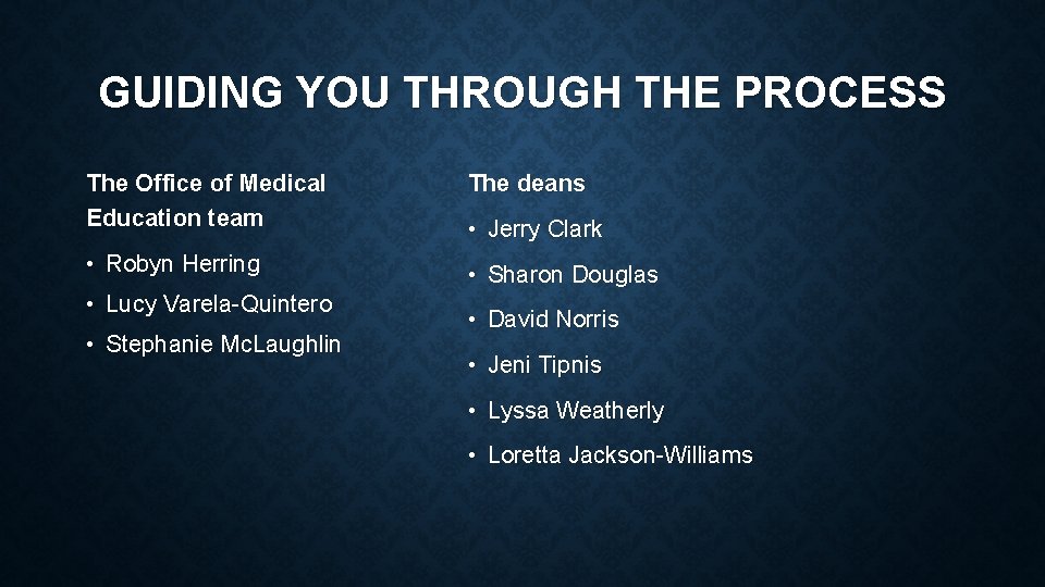 GUIDING YOU THROUGH THE PROCESS The Office of Medical Education team The deans •