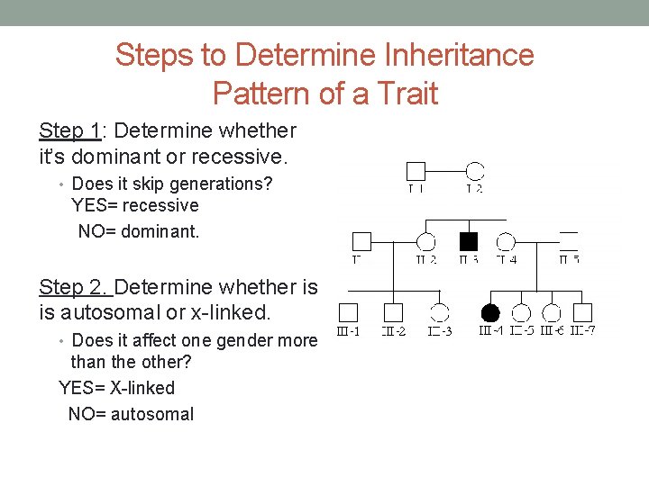 Steps to Determine Inheritance Pattern of a Trait Step 1: Determine whether it’s dominant