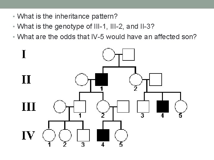  • What is the inheritance pattern? • What is the genotype of III-1,