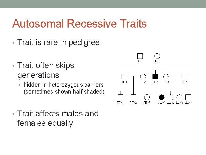 Autosomal Recessive Traits • Trait is rare in pedigree • Trait often skips generations