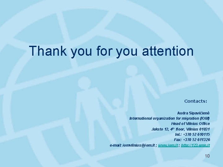 Thank you for you attention Contacts: Audra Sipavičienė International organization for migration (IOM) Head